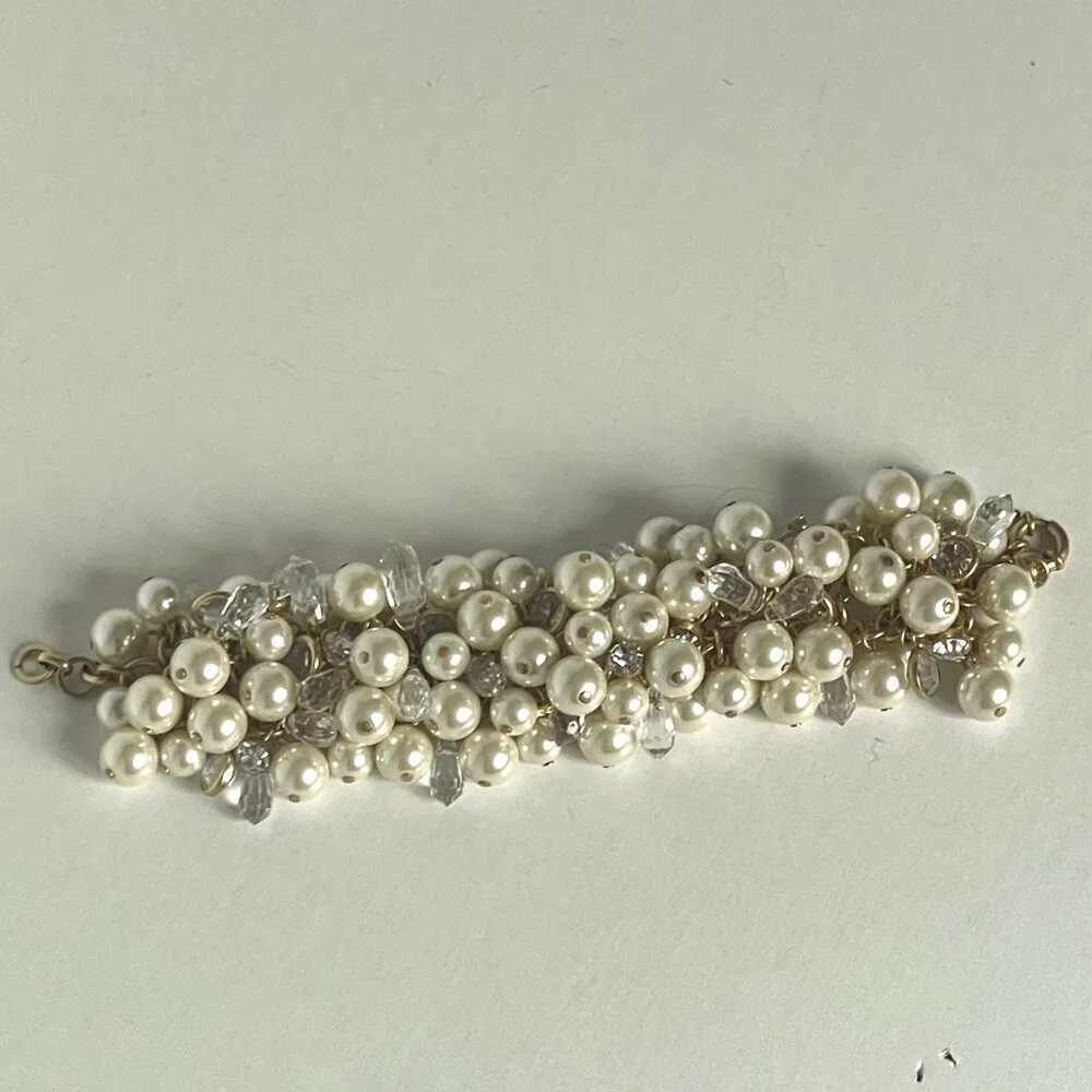 J.Crew Faux Pearl & Crystal Cluster Gold Chain Statement Bracelet